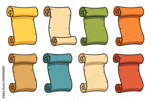 Vector cartoon set of old colorful parchment paper scrolls. Ancient manuscript and vintage rolled document banners. Blank empty papyrus templates for message, letter or diploma.
