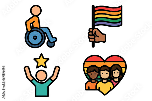Diversity and inclusion vector icon set. Colorful graphics for accessibility, disability rights, LGBTQ pride month, community love, success and equal opportunity concepts.