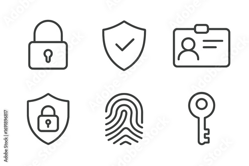 Cyber security line icon set. Data protection and privacy concept. Vector icons like lock, shield, id card, key, fingerprint. Authentication, identification, access control.