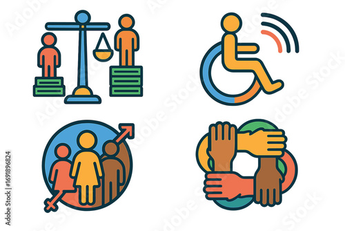 Diversity and inclusion icon set. Equity, accessibility, community symbols. Gender equality, social justice, disability and race unity concepts. Vector cartoon illustration.