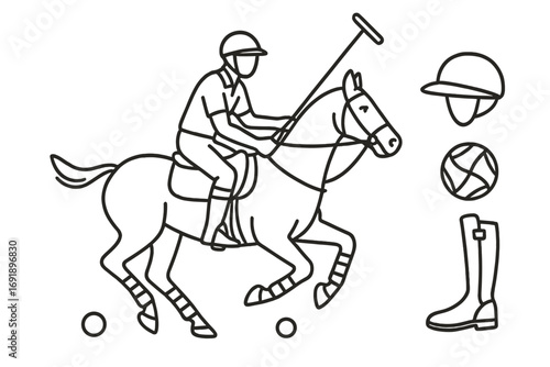 Polo sport outline vector icon set. Player on horse with mallet, ball, helmet, boot. Equestrian competition line art illustration. Equine rider game elements collection.