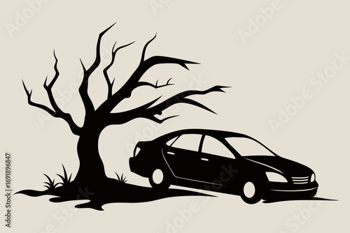 Car on road with tree and green background illustration