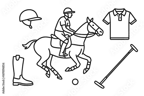 Polo sport equipment icon set with player on horse. Equestrian game concept with mallet, ball, helmet, shirt and boot elements. Vector linear outline cartoon illustration.