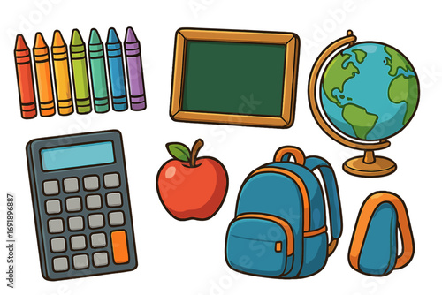 Back to school supplies set. Vector cartoon illustration of education and learning icons. Classroom clipart collection with backpack, globe, calculator, crayons, and apple.
