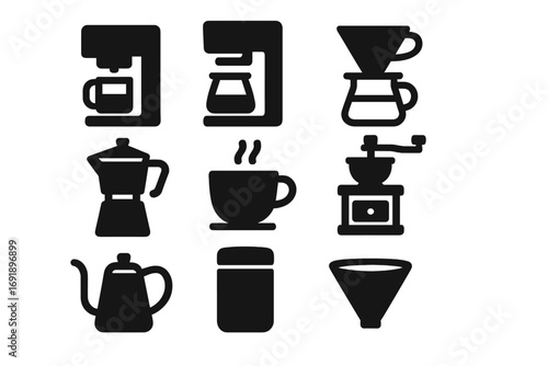Coffee icons set. Minimalist silhouette vector collection of coffee making equipment. Symbols for barista, cafe menu. Drip machine, moka pot, grinder, pour over, kettle.