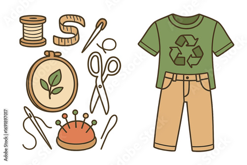 Sewing tools for sustainable fashion. Eco friendly clothing with recycle symbol. Concept of mending, DIY, slow fashion, upcycling. Handicraft hobby set. Vector illustration.
