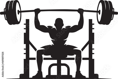 Muscular fitness athlete silhouette performing bench press with heavy barbell in gym setting