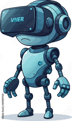 VR robot illustration in a cartoon style featuring a blue and teal color scheme, equipped with a VR headset, showcasing futuristic tech