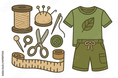 Set of sewing tools for handmade sustainable fashion. Eco-friendly clothing and tailor equipment. Concept of slow fashion, DIY, and crafting with natural organic fabrics. Vector.