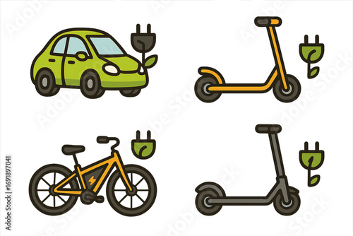 Set of electric transportation icons. Eco-friendly mobility solutions with e-car, scooter, and bicycle. Green energy concept. Sustainable city transport vector cartoon.