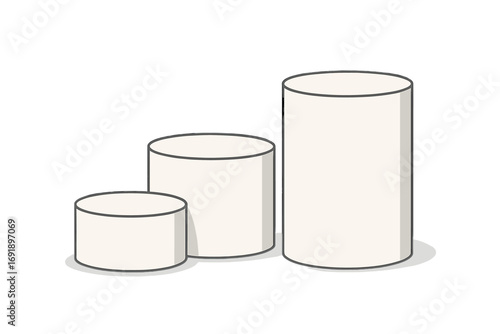 White podiums for product display. Minimalist round pedestals, empty stands for showcasing items. Cylinder stage for winners or cosmetics. Vector mockup illustration set.