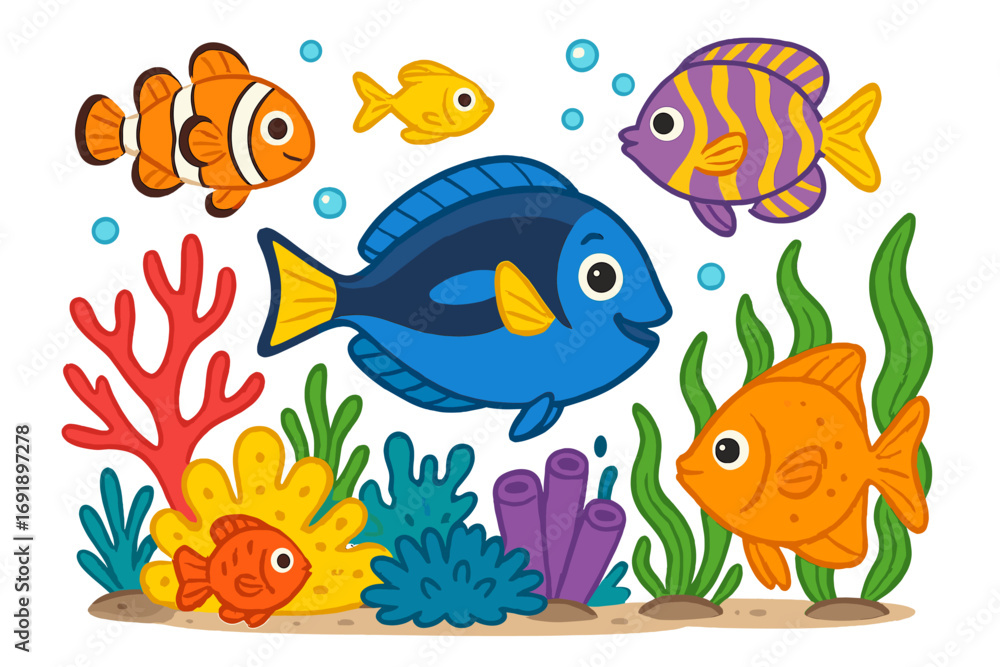 Fototapeta premium Cute cartoon fish set. Colorful underwater sea life scene. Vector illustration of clownfish, blue tang, swimming in ocean with coral reef, seaweed. Marine animal collection.