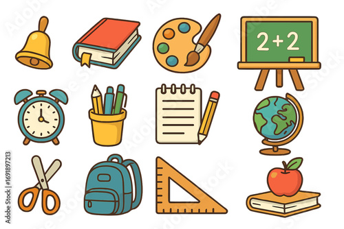 Set of cute cartoon school supply icons. Back to school vector collection with book, globe, backpack, pencil, and chalkboard. Education and learning elements for children.
