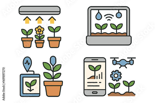 Modern flat icons set of indoor gardening and smart farming techniques with digital monitoring, wireless control, drone technology, plant growth, and data analytics, vector cartoon illustration