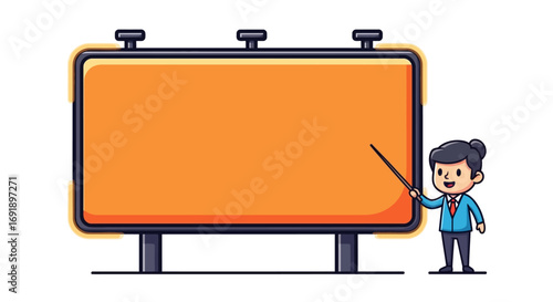 Cartoon Billboard with Presenter Character, Orange Display