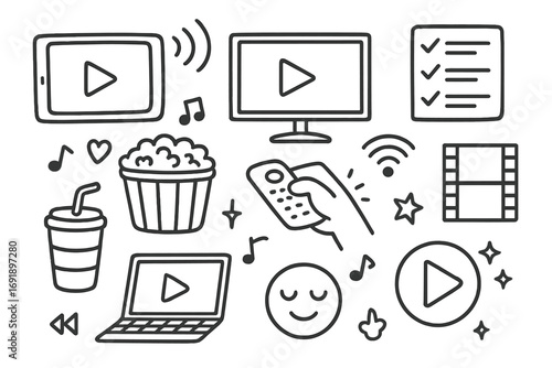 Streaming media doodle icon set for binge-watching culture. Hand-drawn vector elements for digital entertainment, movie night, and online video. Cartoon illustration pack.
