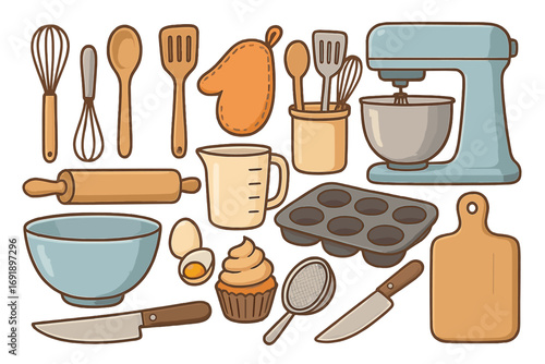 Culinary tools for baking and cooking. Vector set of kitchen utensils with mixer, whisk, rolling pin, bowl, cupcake for food recipe. Cartoon kitchenware icons collection.