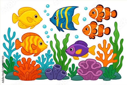 Cartoon fish set. Underwater sea life collection. Cute tropical ocean animals, clownfish, angelfish, coral reef, seaweed. Vector illustration for children on white background.