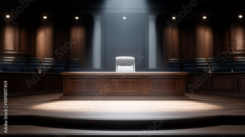 Supportive mentor organizing debate clubs for university members in a moot court room with polished podiums audience benches and a judge’s gavel captured in a professional photo