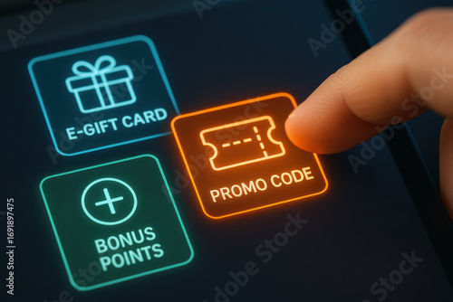 Promo code button digital screen with finger touching it, bonus points and e gift card icons