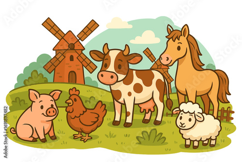 Farm animals collection. Cartoon vector set with a cute cow, horse, pig, sheep, and chicken. Countryside scene with a green field and windmill. Agriculture and rural life.