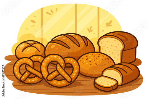 Bakery assortment vector illustration. Variety of fresh baked goods, bread loaves, pretzels, and rolls on display. Cartoon style food for breakfast, cafe menu, or pastry shop.
