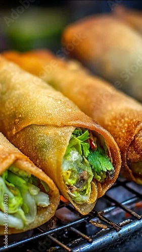 Crispy fried spring rolls on a grill