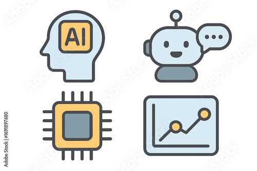 Modern technology icons including AI brain, chatbot bot, microchip processor, and data graph elements in flat vector design, cartoon style, transparent background, ordered set for tech graphics