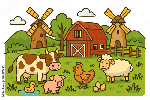 Farm life illustration with cute cartoon animals in a countryside setting. Vector graphic of a rural landscape with barn, windmills, cow, sheep, pig, chicken. Agriculture concept.