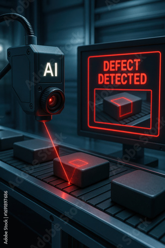 AI inspection system scanning product for defect detection on conveyor belt in factory