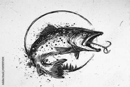 A powerful trout leaping with a hook in its mouth.