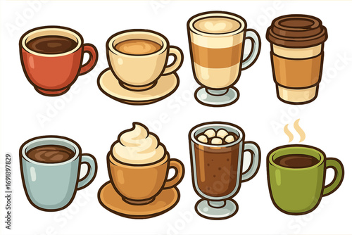 Coffee cup variety vector set. Collection of popular hot drinks like latte, espresso, cappuccino, and americano. Cartoon icons for cafe menu, beverage graphic illustration.