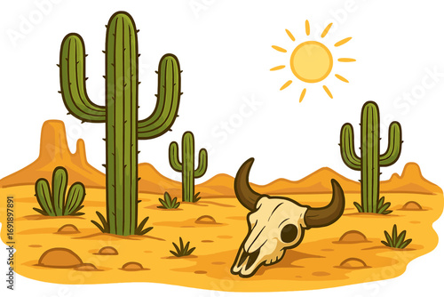 Cartoon desert landscape with saguaro cactus and cow skull. Vector illustration of a hot, arid western scene. Wild West, Arizona or Mexico concept with sun, sand, and mountains.