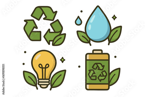 Eco friendly icon set for sustainability. Green energy and recycling concept vector illustration. Water conservation, renewable power, battery reuse symbols for ecology design.