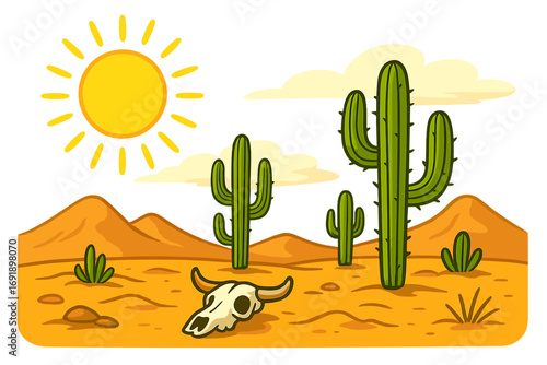 Desert landscape with saguaro cacti and animal skull under a hot sun. Arid vector cartoon illustration of a western scene in Arizona or Mexico. Dry heat and sand concept.