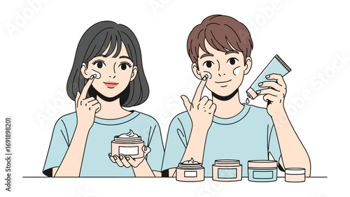 Young man and woman applying skincare products to their faces with tubes and jars of creams and lotions on a table