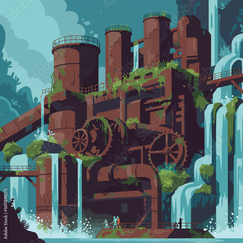 Massive rusty overgrown industrial complex with flowing waterfalls.