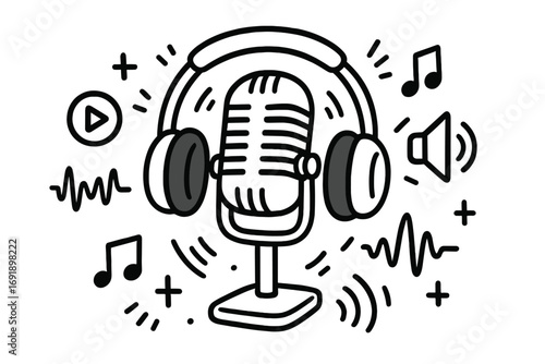 Creative podcast doodle design featuring vintage microphone with headphones, sound waves, music notes, play button, and audio icons in vector cartoon style for digital media and broadcasting concepts