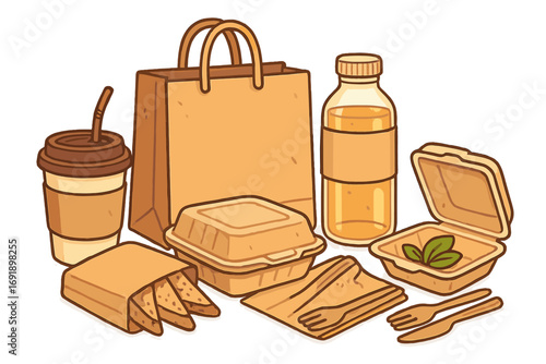 Eco-friendly food packaging set. Takeaway paper bag, coffee cup, and lunch box. Sustainable delivery containers for restaurant. Vector illustration of craft package design.