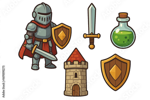 Medieval fantasy knight vector icon set. Cartoon character in armor with sword and shield. Fairytale game assets including castle tower, magic potion, elixir and weapon.