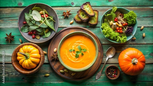 Autumn harvest meal with pumpkin soup and salad