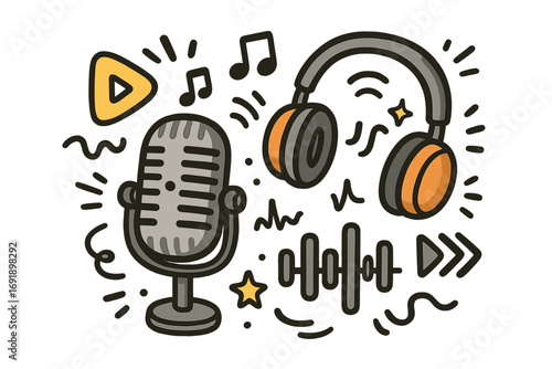 Podcast doodle design with vintage microphone, headphones, musical notes, audio waves, play icons, sound symbols, creative vector cartoon illustration, transparent background