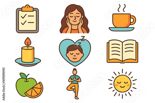 Health and wellness icon set. Self-care for mental well-being and a balanced lifestyle. Healthy habits, yoga, sleep, good food, and relaxation cartoon vector icons.