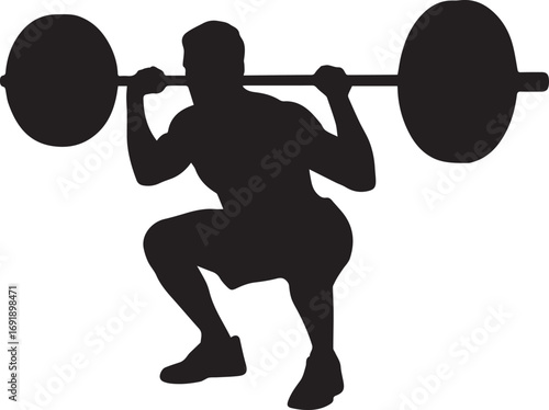 Athletic silhouette performing a barbell squat exercise for strength training and fitness