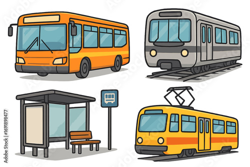 Public transport vector icon set. City bus, subway train, tram streetcar, and bus stop shelter illustration. Urban transportation elements for commute and travel concept design.