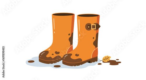 Muddy Orange Rubber Boots for Outdoor Activities and Wet Weather.