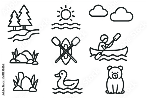 Riverside adventure icons set, nature outline symbols with canoeing, kayaking, sun, clouds, duck, bear, rocks, trees, water wildlife, outdoor activity vector illustration