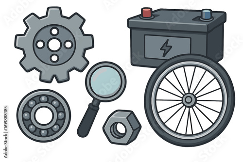Mechanical parts vector icon set for service and repair. Car battery, gear, wheel, bearing, nut elements. Engineering, technology, inspection, and diagnostics concept.