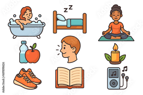 Health and wellness icon set. Self-care activities for a balanced lifestyle. Mental well-being concept. Healthy habits for stress relief, relaxation, and mindfulness. Vector.