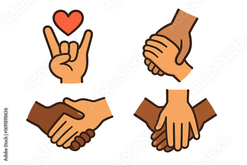 Set of diverse hand gestures. Love sign, holding hands, handshake. Unity, support, teamwork, and affection concept. Multiracial partnership. Vector cartoon icon collection.